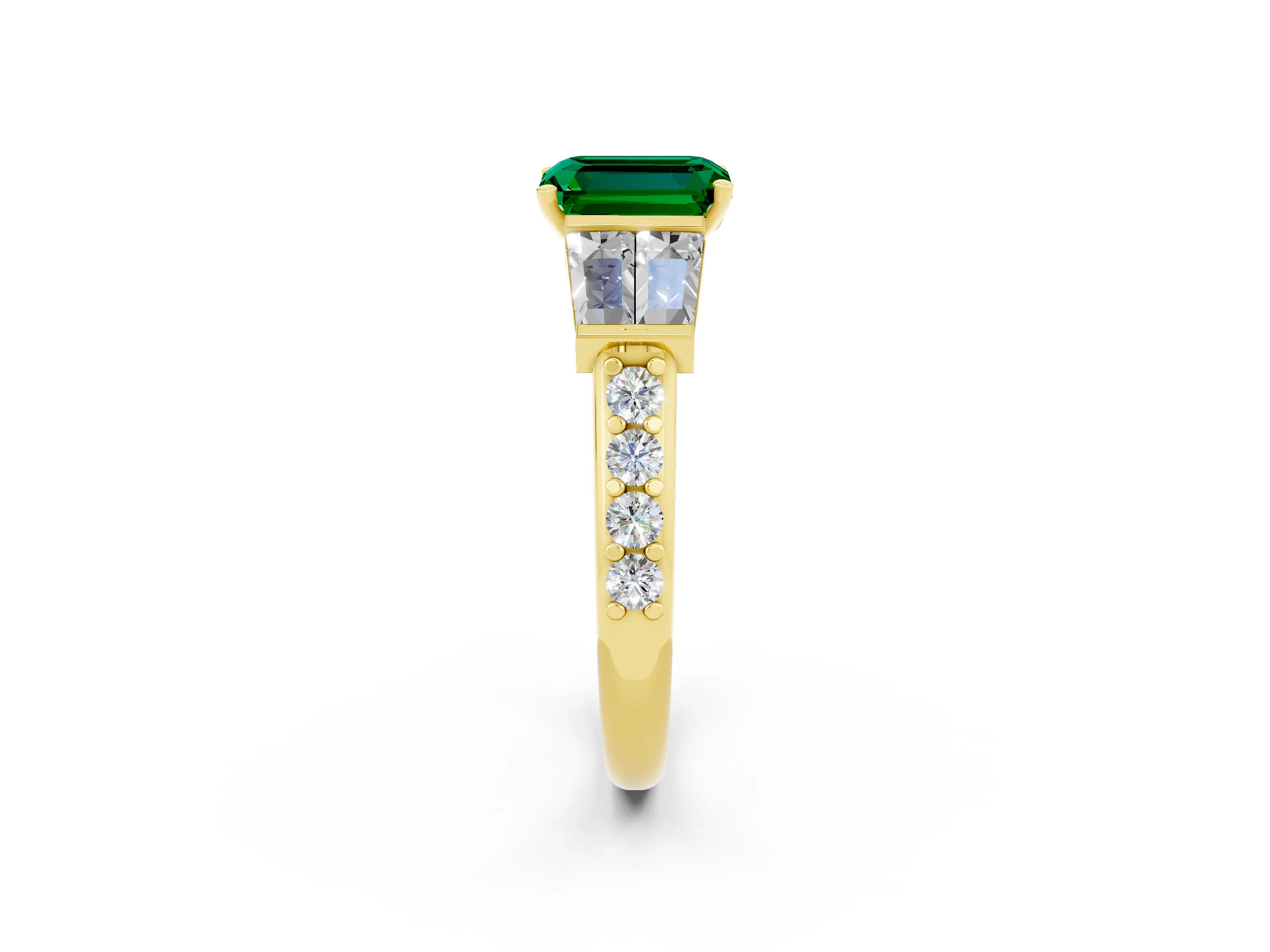 Yellow gold Emerald Cut Emerald Engagement Ring with Baguette Side Stones and Channel Set Band_2