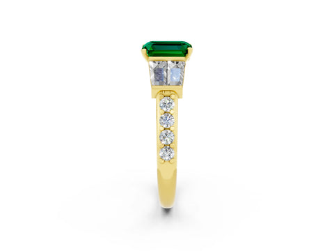 Yellow gold Emerald Cut Emerald Engagement Ring with Baguette Side Stones and Channel Set Band_2