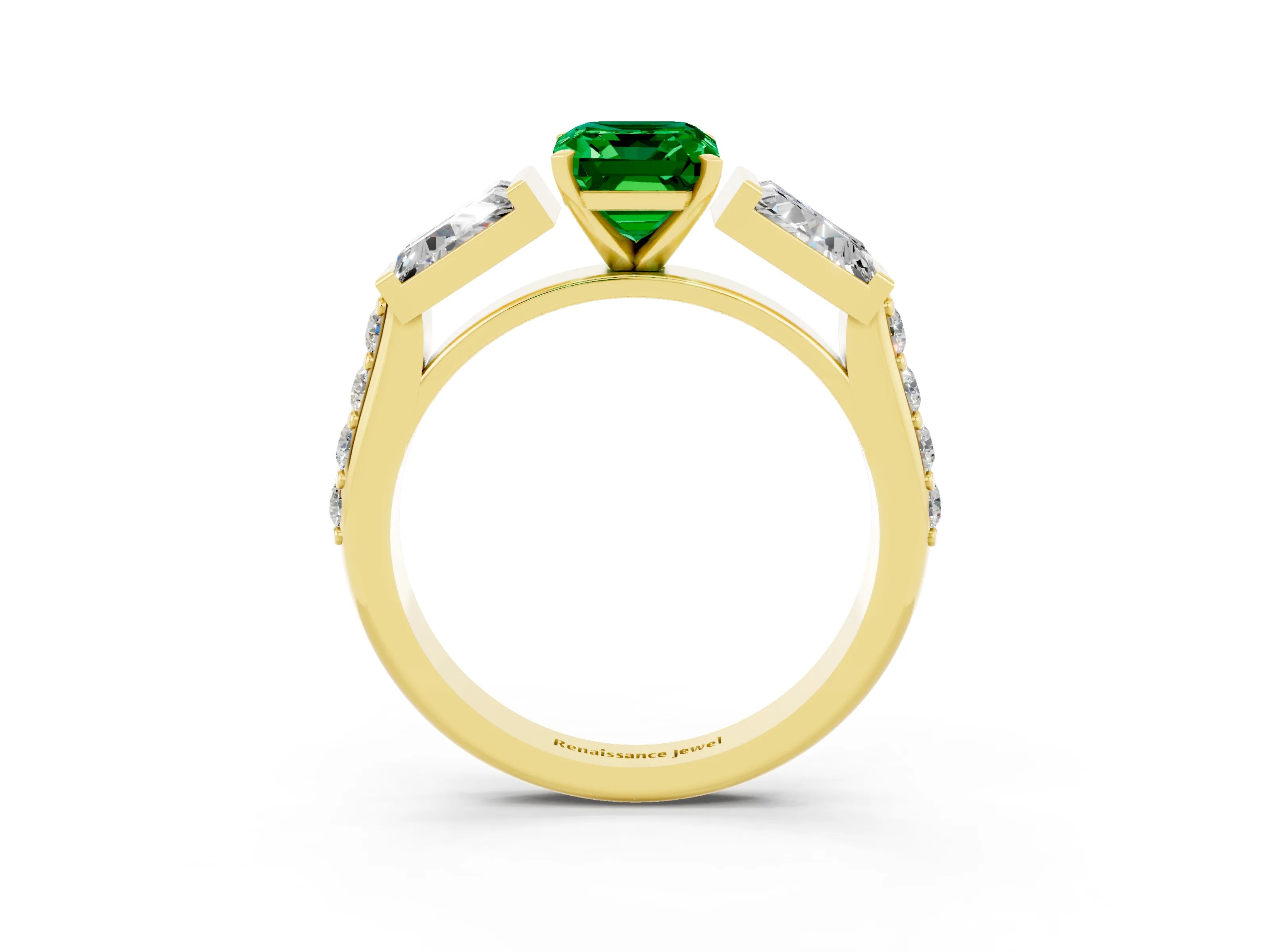 Yellow gold Emerald Cut Emerald Engagement Ring with Baguette Side Stones and Channel Set Band_3