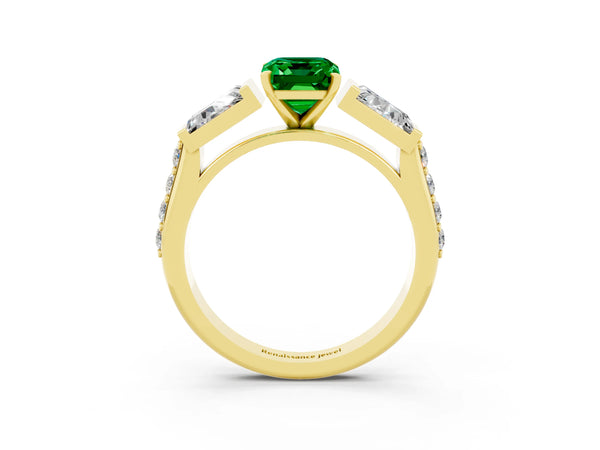 Yellow gold Emerald Cut Emerald Engagement Ring with Baguette Side Stones and Channel Set Band