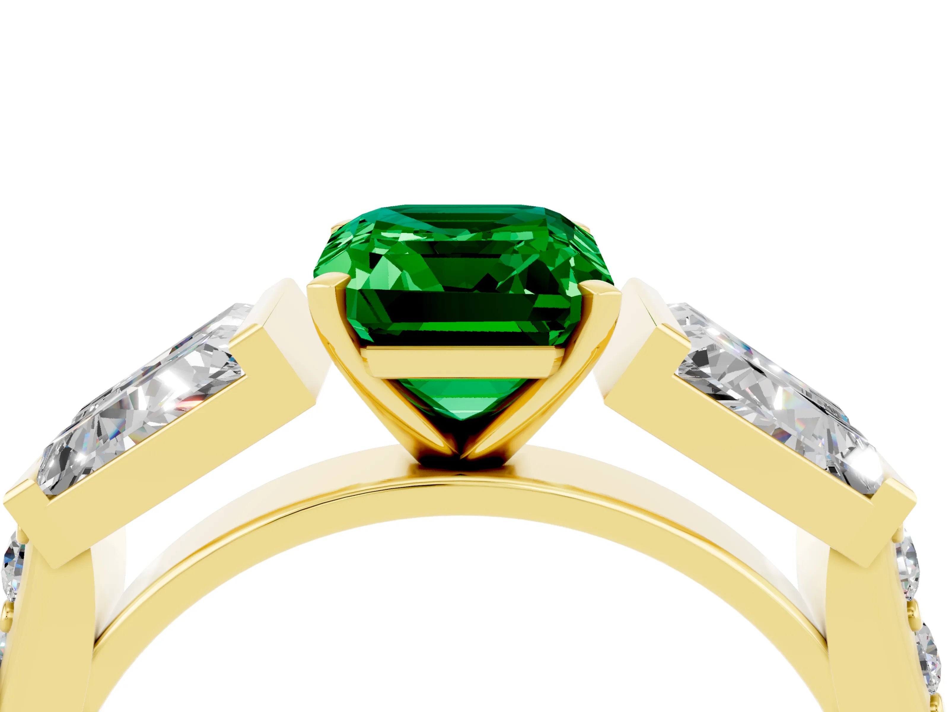 Yellow gold Emerald Cut Emerald Engagement Ring with Baguette Side Stones and Channel Set Band_4