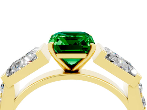 Yellow gold Emerald Cut Emerald Engagement Ring with Baguette Side Stones and Channel Set Band_4