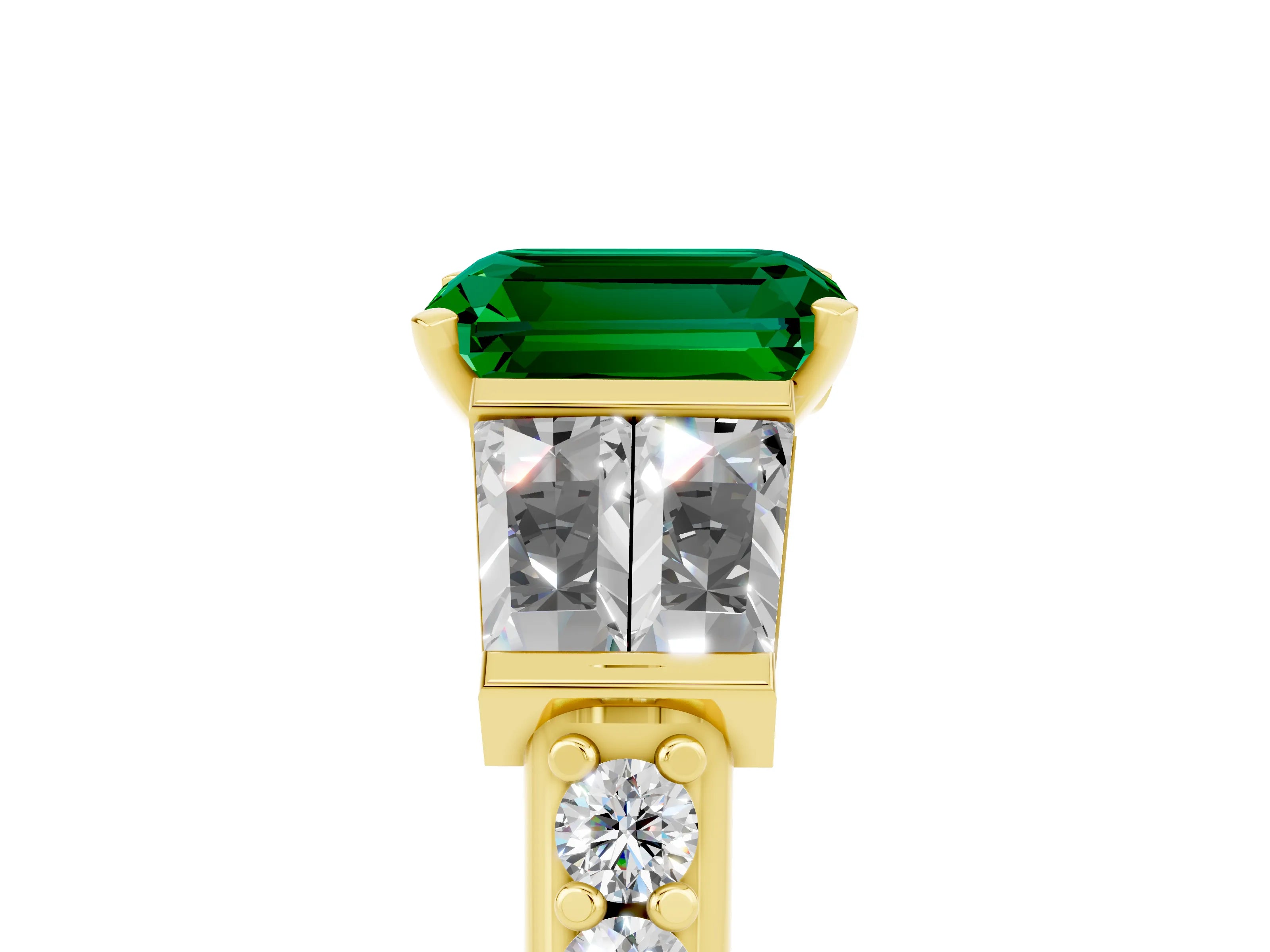 Yellow gold Emerald Cut Emerald Engagement Ring with Baguette Side Stones and Channel Set Band_5