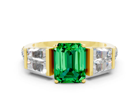 Yellow gold Emerald Cut Emerald Engagement Ring with Baguette Side Stones and Channel Set Band