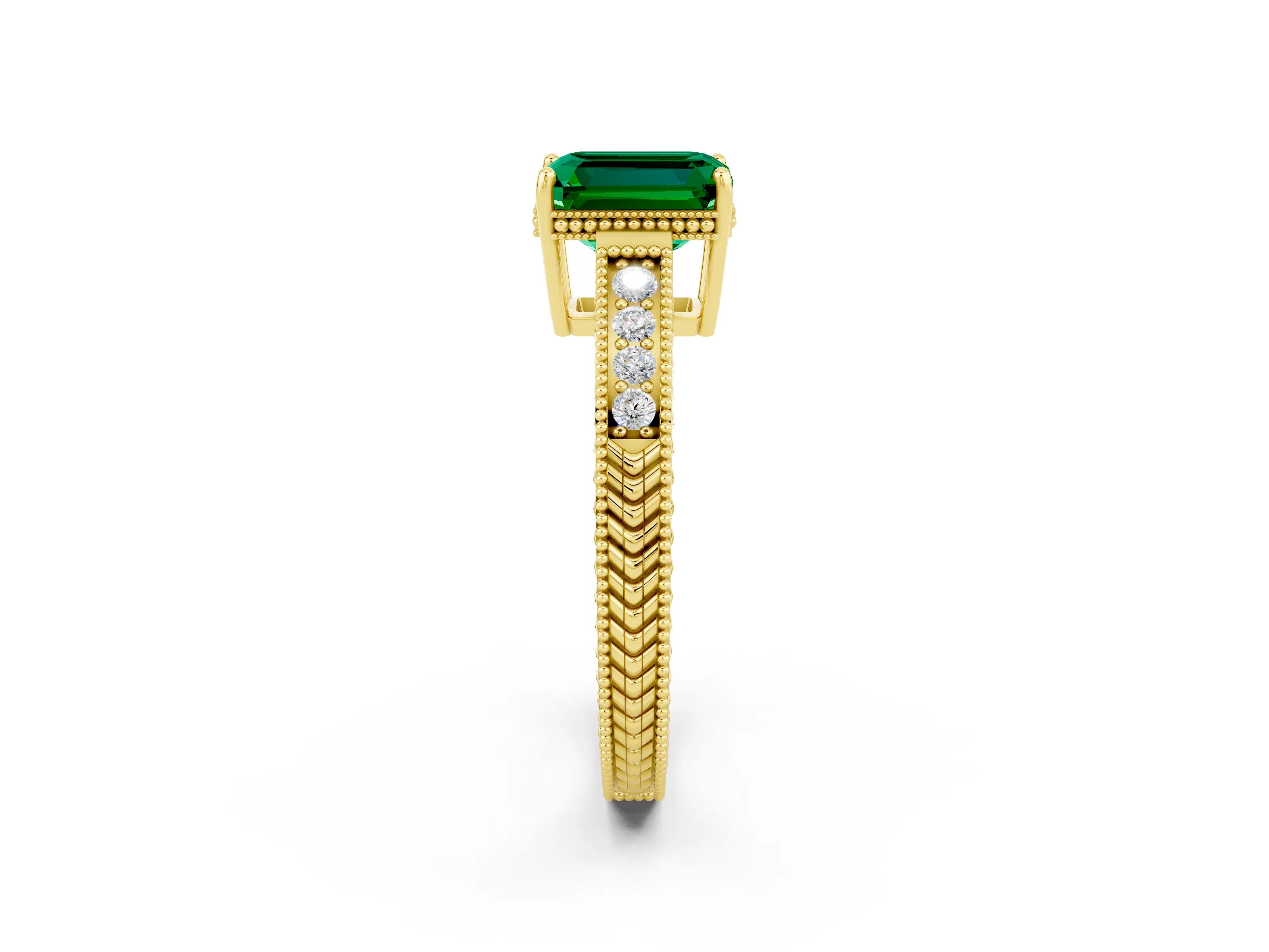 Yellow gold Emerald Cut Emerald Engagement Ring with Milgrain Channel Set Band and Prong Setting_2
