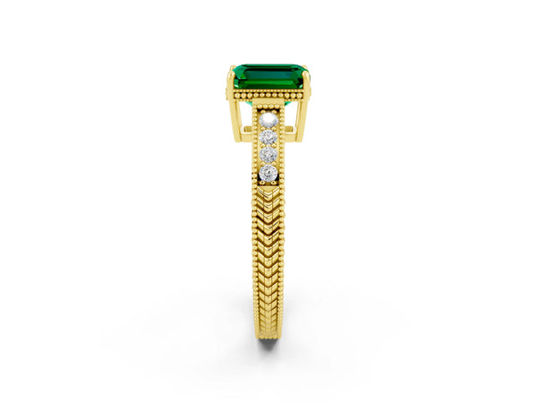 Yellow gold Emerald Cut Emerald Engagement Ring with Milgrain Channel Set Band and Prong Setting