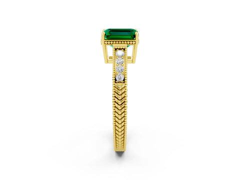 Yellow gold Emerald Cut Emerald Engagement Ring with Milgrain Channel Set Band and Prong Setting_2