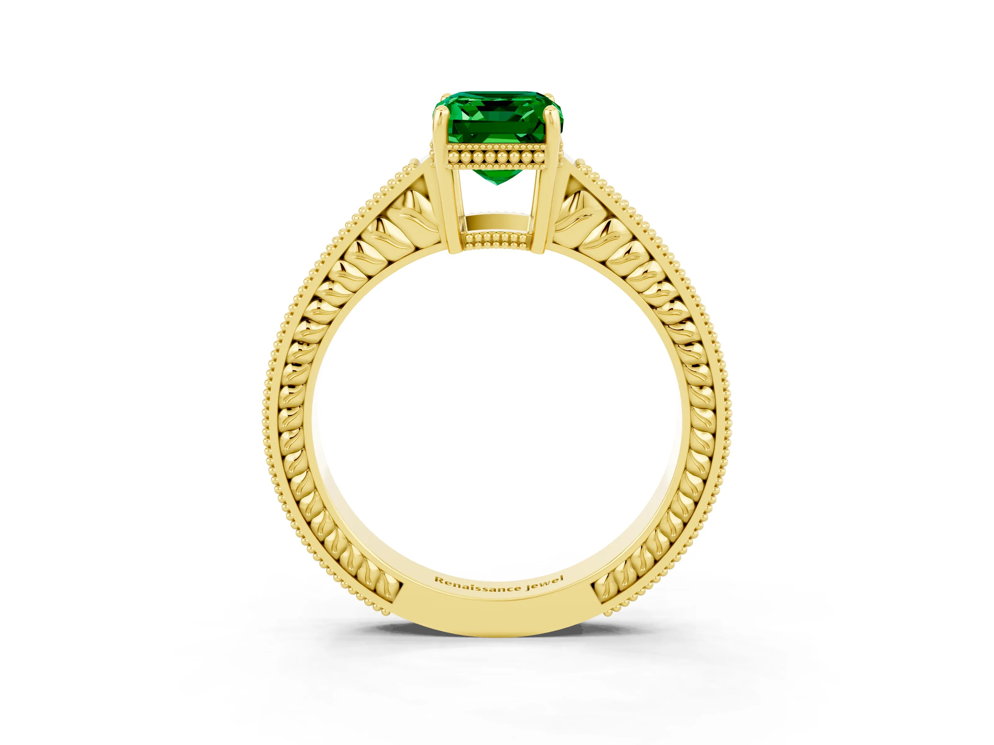 Yellow gold Emerald Cut Emerald Engagement Ring with Milgrain Channel Set Band and Prong Setting_3