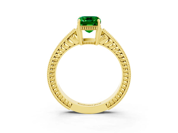 Yellow gold Emerald Cut Emerald Engagement Ring with Milgrain Channel Set Band and Prong Setting