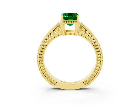 Yellow gold Emerald Cut Emerald Engagement Ring with Milgrain Channel Set Band and Prong Setting_3