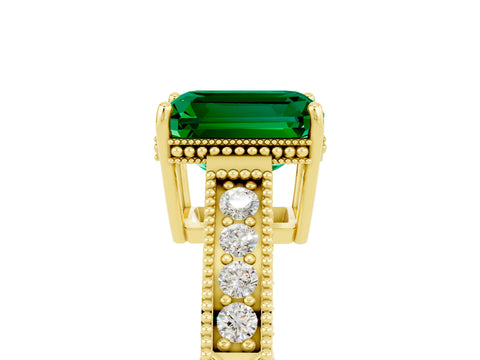 Yellow gold Emerald Cut Emerald Engagement Ring with Milgrain Channel Set Band and Prong Setting_5