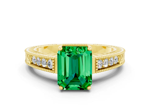 Yellow gold Emerald Cut Emerald Engagement Ring with Milgrain Channel Set Band and Prong Setting
