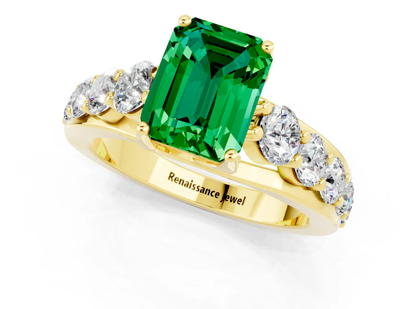 Yellow gold Emerald Cut Emerald Engagement Ring with Pavé Band and Four-Prong Setting
