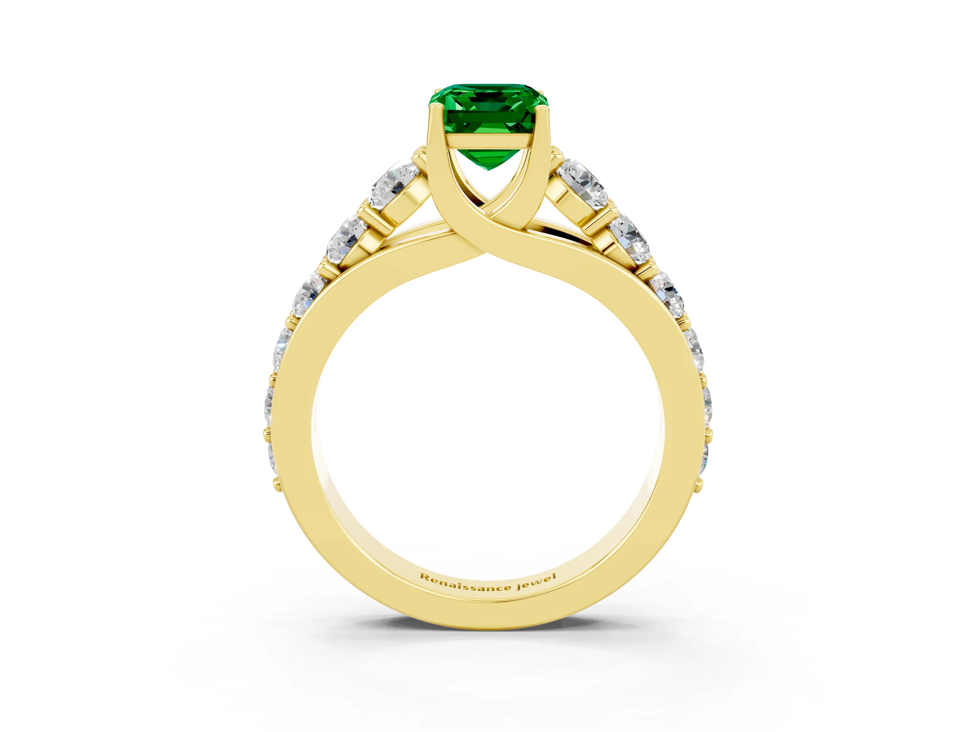 Yellow gold Emerald Cut Emerald Engagement Ring with Pavé Band and Four-Prong Setting_3