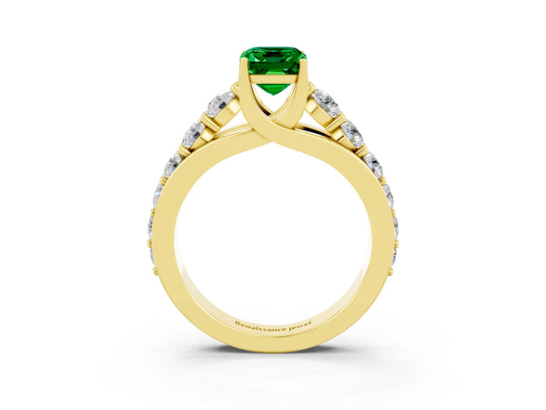 Yellow gold Emerald Cut Emerald Engagement Ring with Pavé Band and Four-Prong Setting