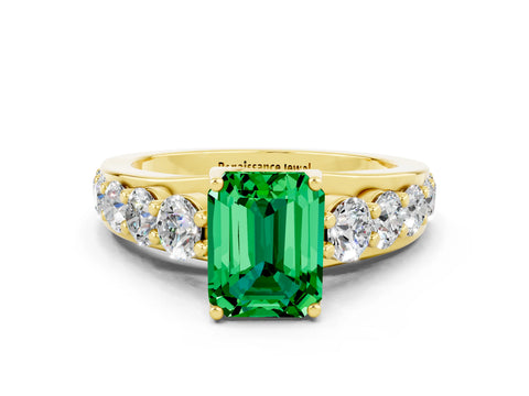 Yellow gold Emerald Cut Emerald Engagement Ring with Pavé Band and Four-Prong Setting