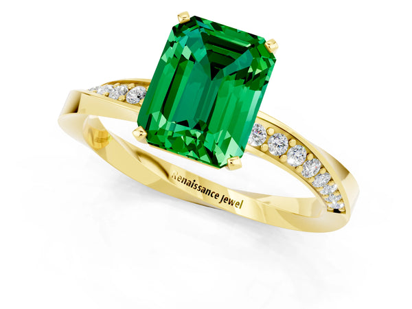 Yellow gold Emerald Cut Emerald Engagement Ring with Side Stone Accents and Four-Prong Setting