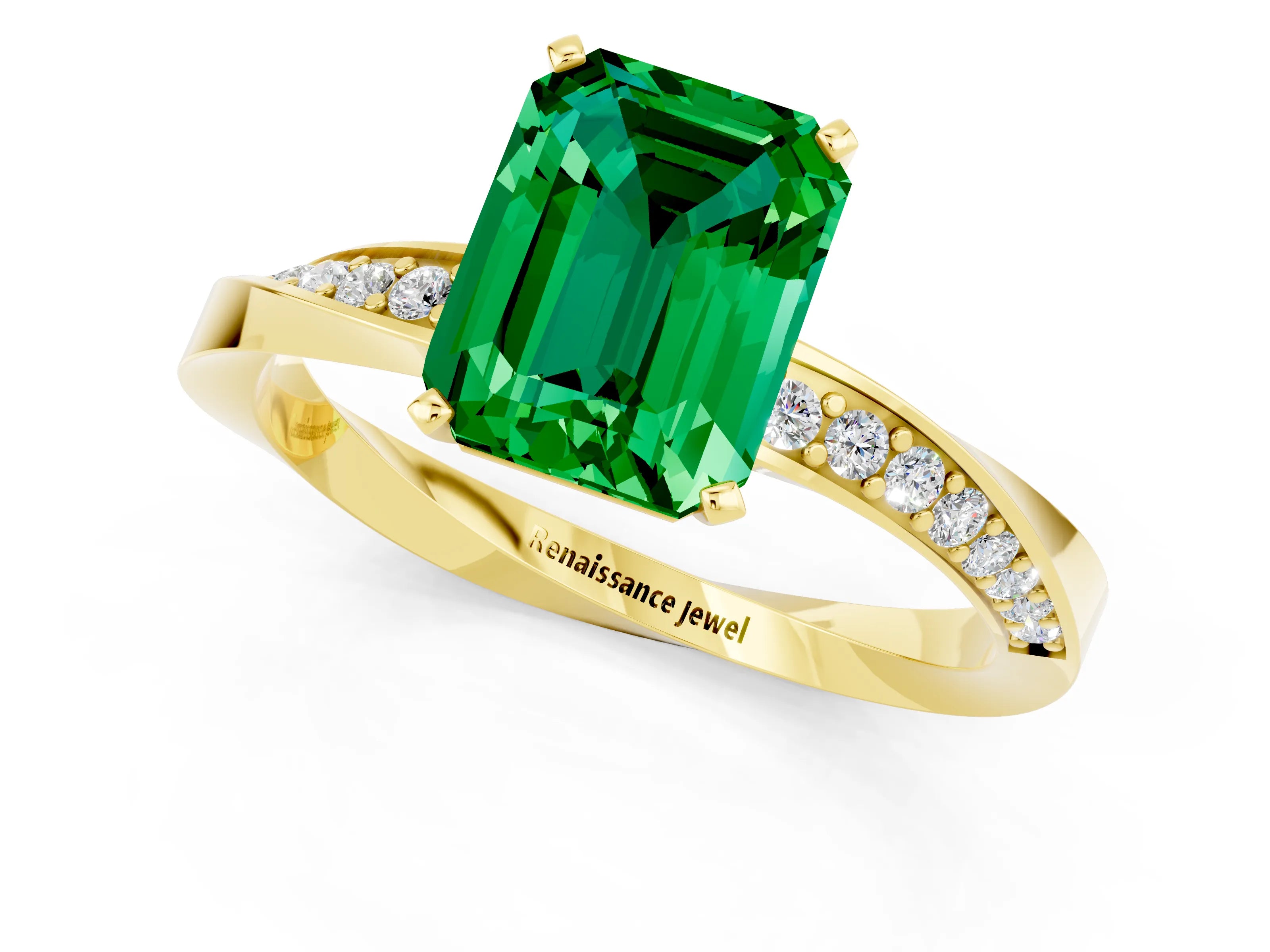 Yellow gold Emerald Cut Emerald Engagement Ring with Side Stone Accents and Four-Prong Setting_28