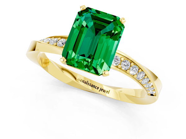 Yellow gold Emerald Cut Emerald Engagement Ring with Side Stone Accents and Four-Prong Setting