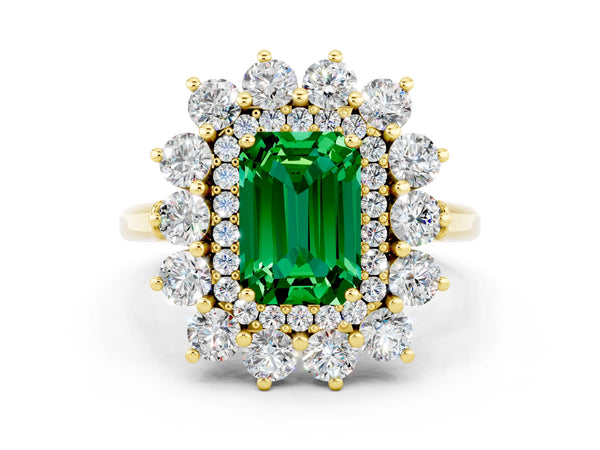 Yellow gold Emerald Cut Emerald Floral Double Halo Engagement Ring with Prong Setting