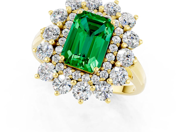 Yellow gold Emerald Cut Emerald Floral Double Halo Engagement Ring with Prong Setting