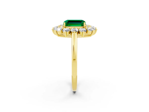 Yellow gold Emerald Cut Emerald Floral Double Halo Engagement Ring with Prong Setting