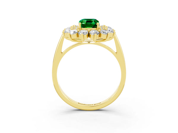 Yellow gold Emerald Cut Emerald Floral Double Halo Engagement Ring with Prong Setting