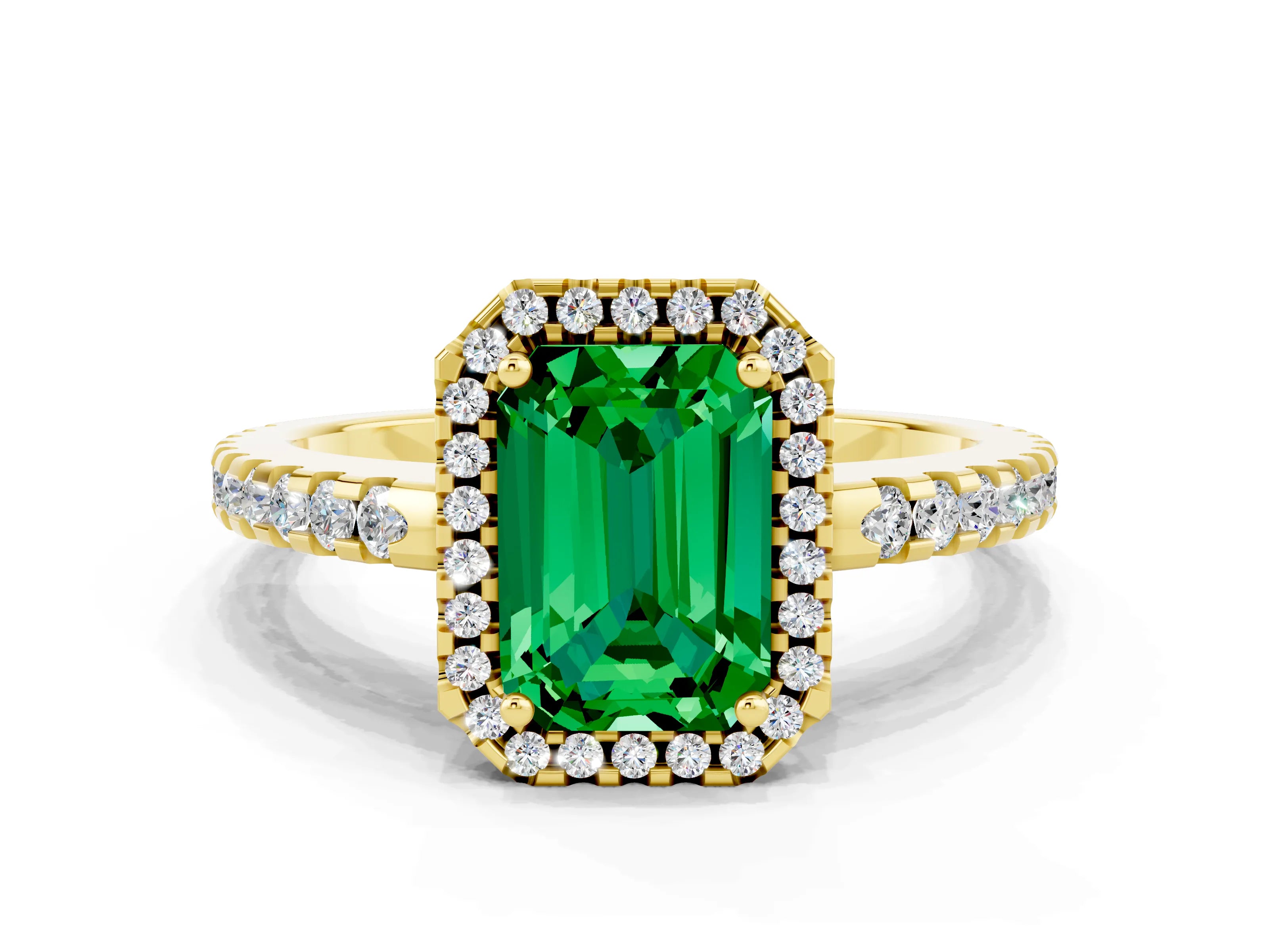 Yellow gold Emerald Cut Emerald Halo Engagement Ring with Pavé Band and Prong Setting_12
