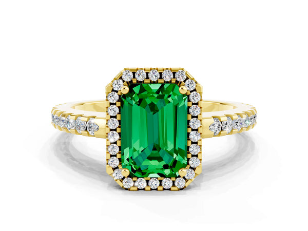 Yellow gold Emerald Cut Emerald Halo Engagement Ring with Pavé Band and Prong Setting