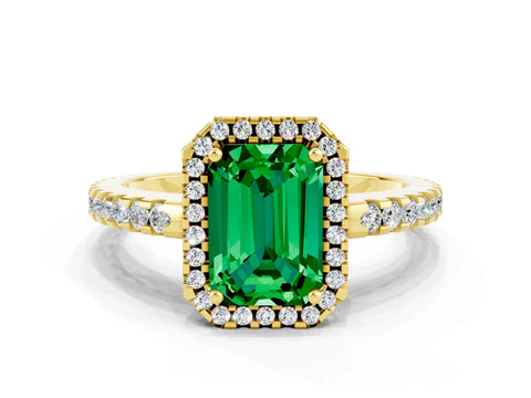 Yellow gold Emerald Cut Emerald Halo Engagement Ring with Pavé Band and Prong Setting_12