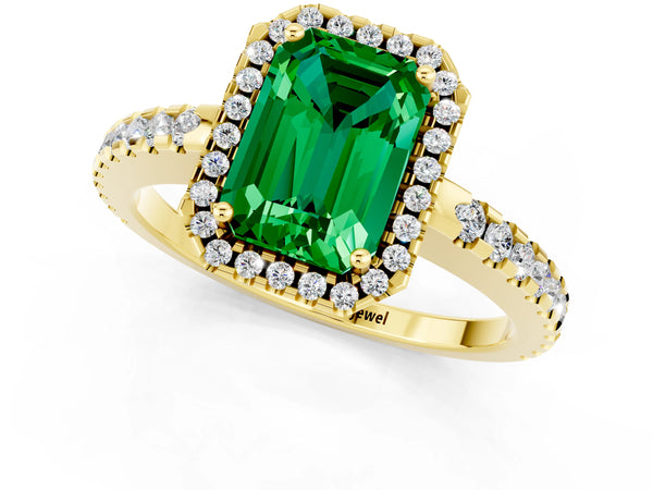 Yellow gold Emerald Cut Emerald Halo Engagement Ring with Pavé Band and Prong Setting