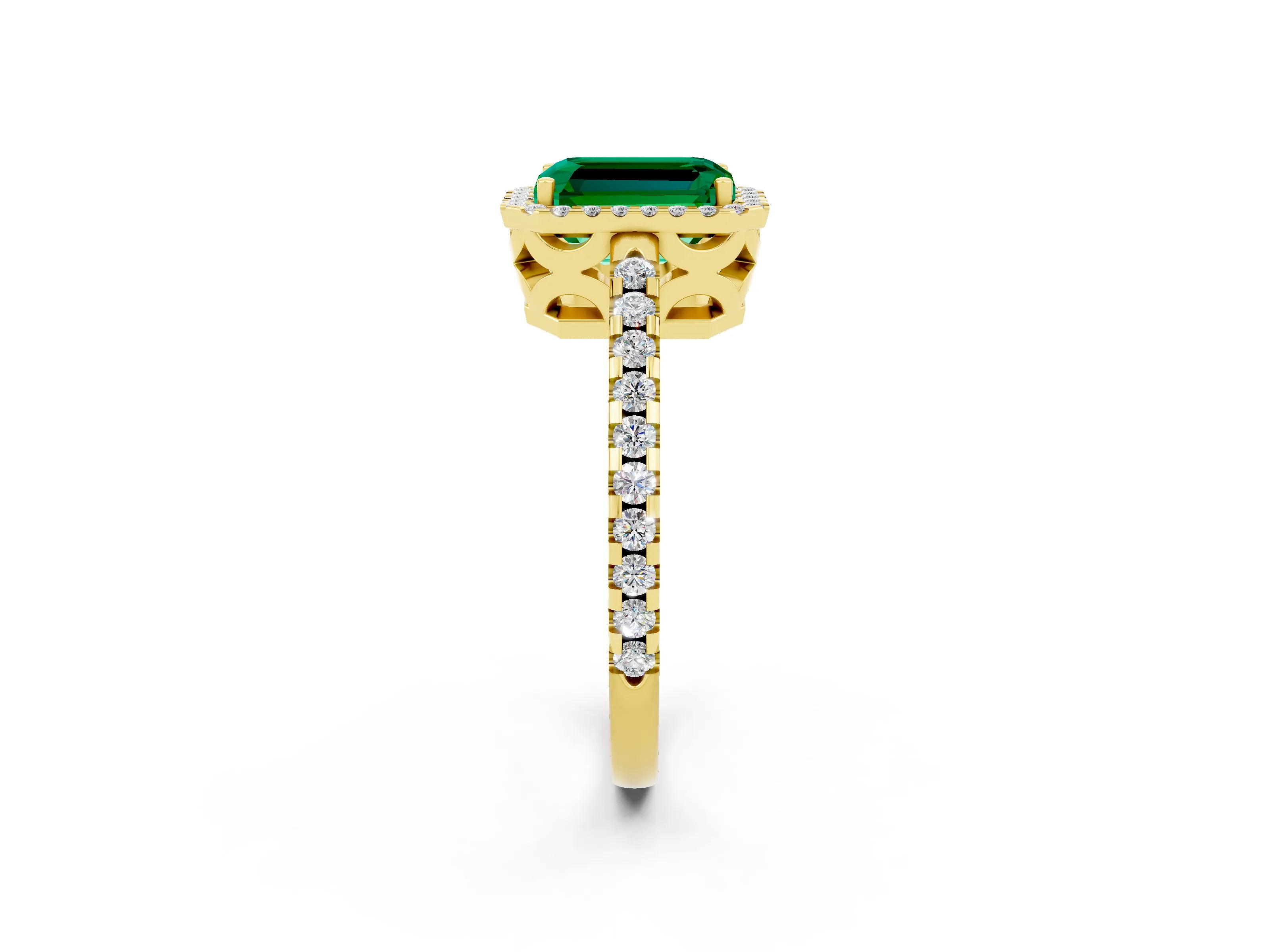 Yellow gold Emerald Cut Emerald Halo Engagement Ring with Pavé Band and Prong Setting_14