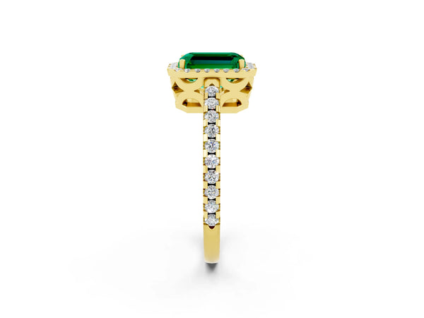 Yellow gold Emerald Cut Emerald Halo Engagement Ring with Pavé Band and Prong Setting
