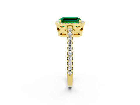Yellow gold Emerald Cut Emerald Halo Engagement Ring with Pavé Band and Prong Setting_14