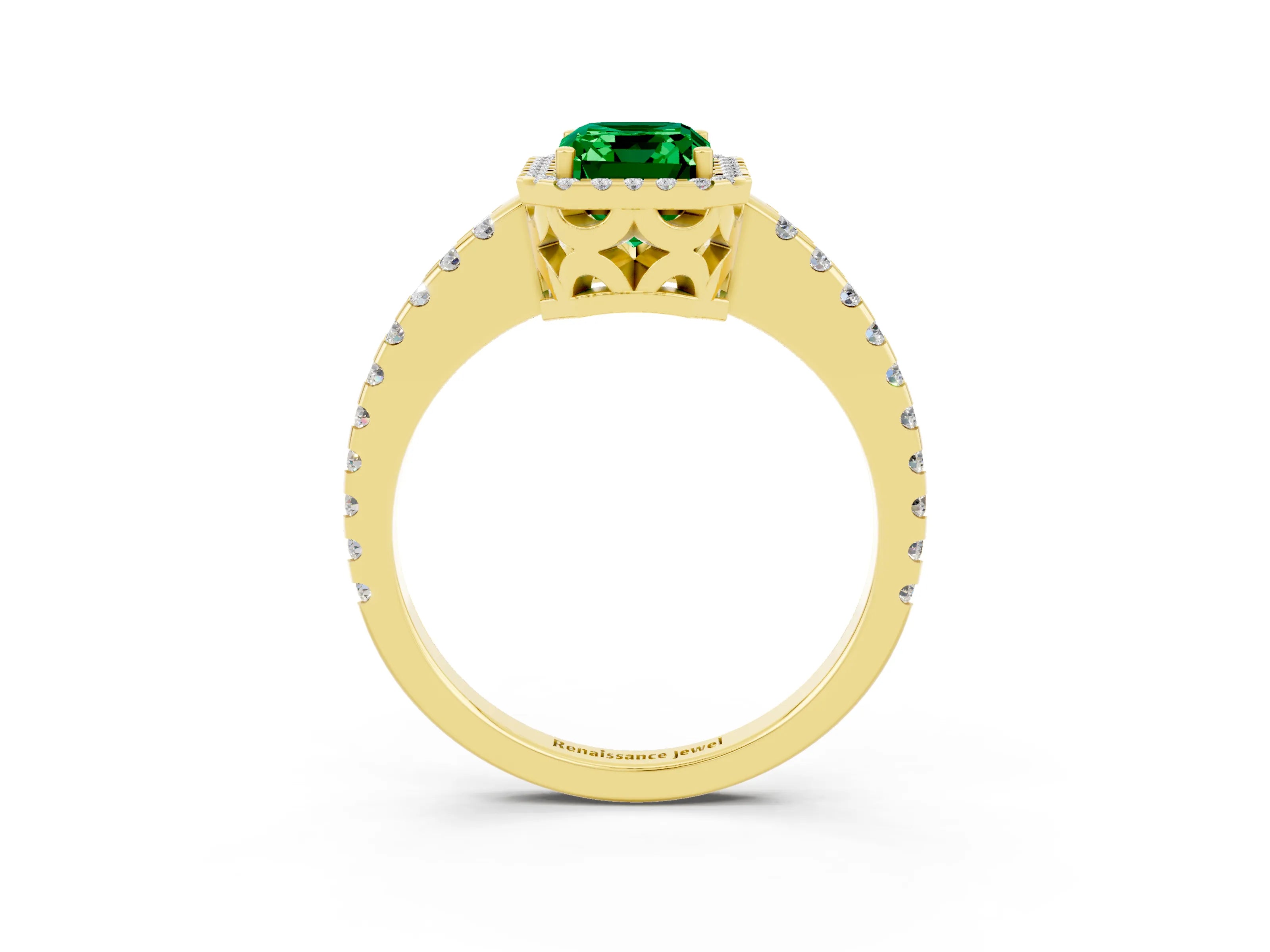 Yellow gold Emerald Cut Emerald Halo Engagement Ring with Pavé Band and Prong Setting_15