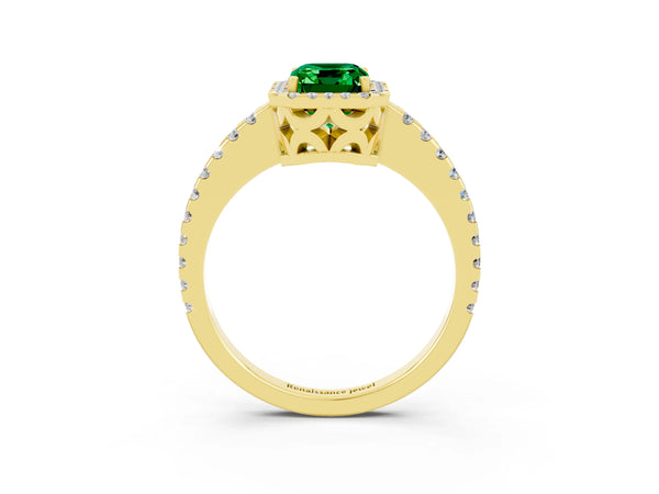 Yellow gold Emerald Cut Emerald Halo Engagement Ring with Pavé Band and Prong Setting