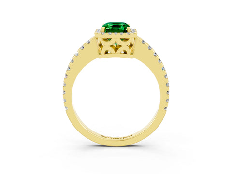 Yellow gold Emerald Cut Emerald Halo Engagement Ring with Pavé Band and Prong Setting_15