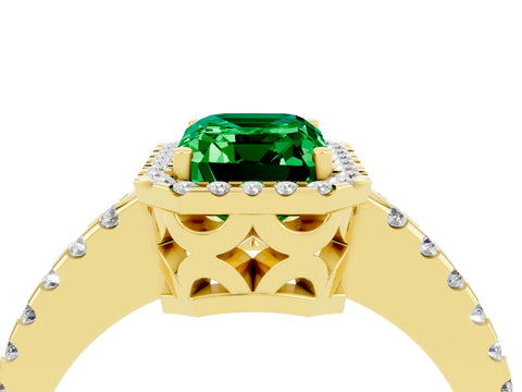 Yellow gold Emerald Cut Emerald Halo Engagement Ring with Pavé Band and Prong Setting_16
