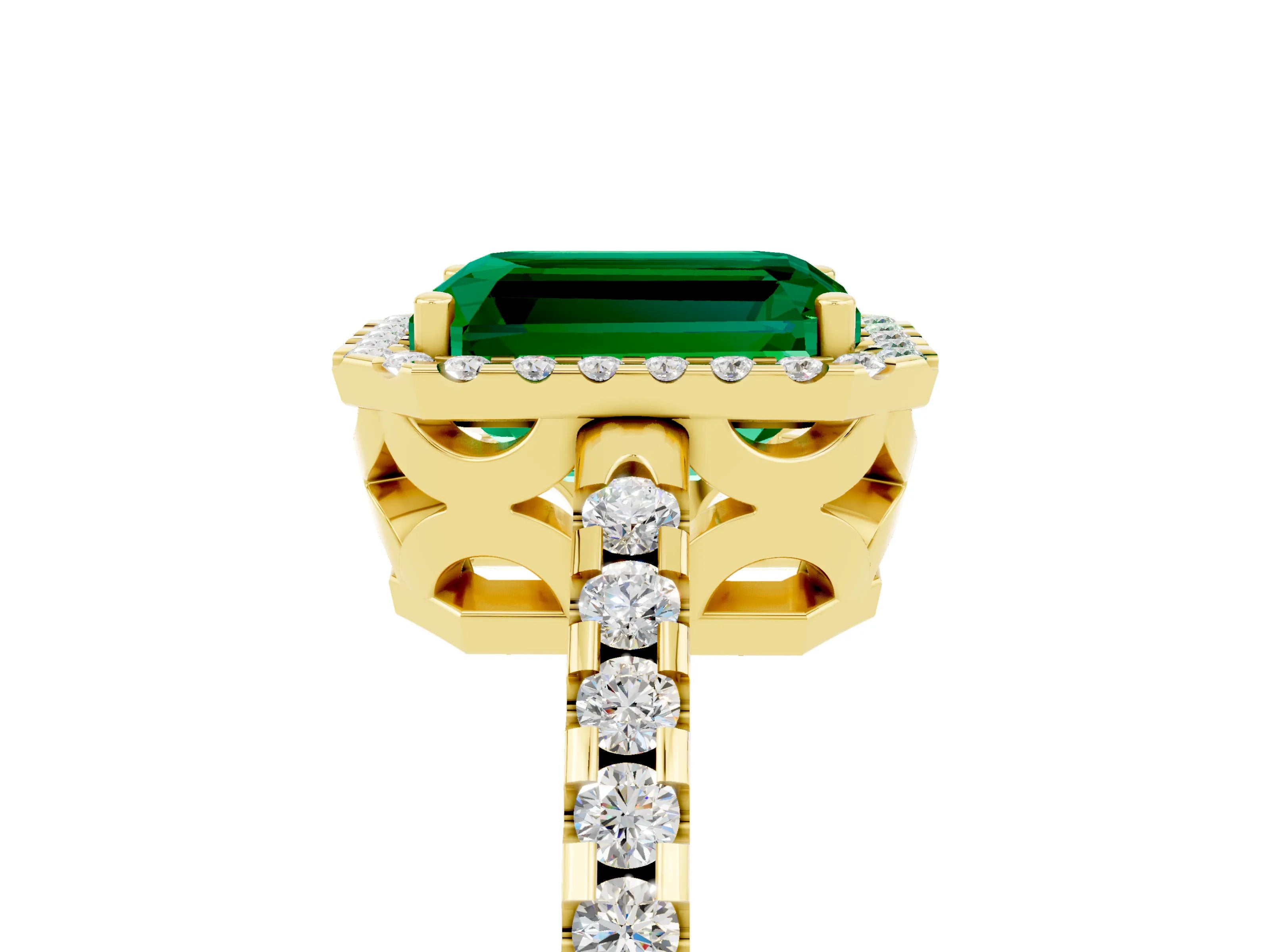 Yellow gold Emerald Cut Emerald Halo Engagement Ring with Pavé Band and Prong Setting_17