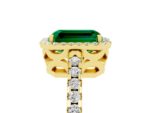 Yellow gold Emerald Cut Emerald Halo Engagement Ring with Pavé Band and Prong Setting_17