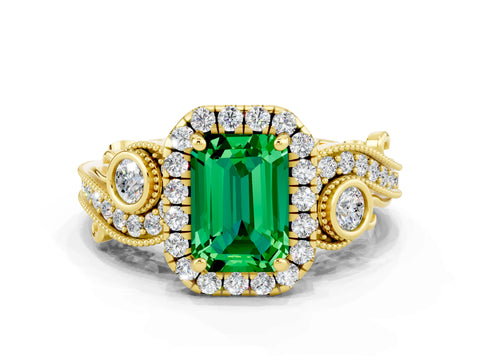 Yellow gold Emerald Cut Emerald Halo Ring with Milgrain Pavé Band and Four-Prong Setting_12