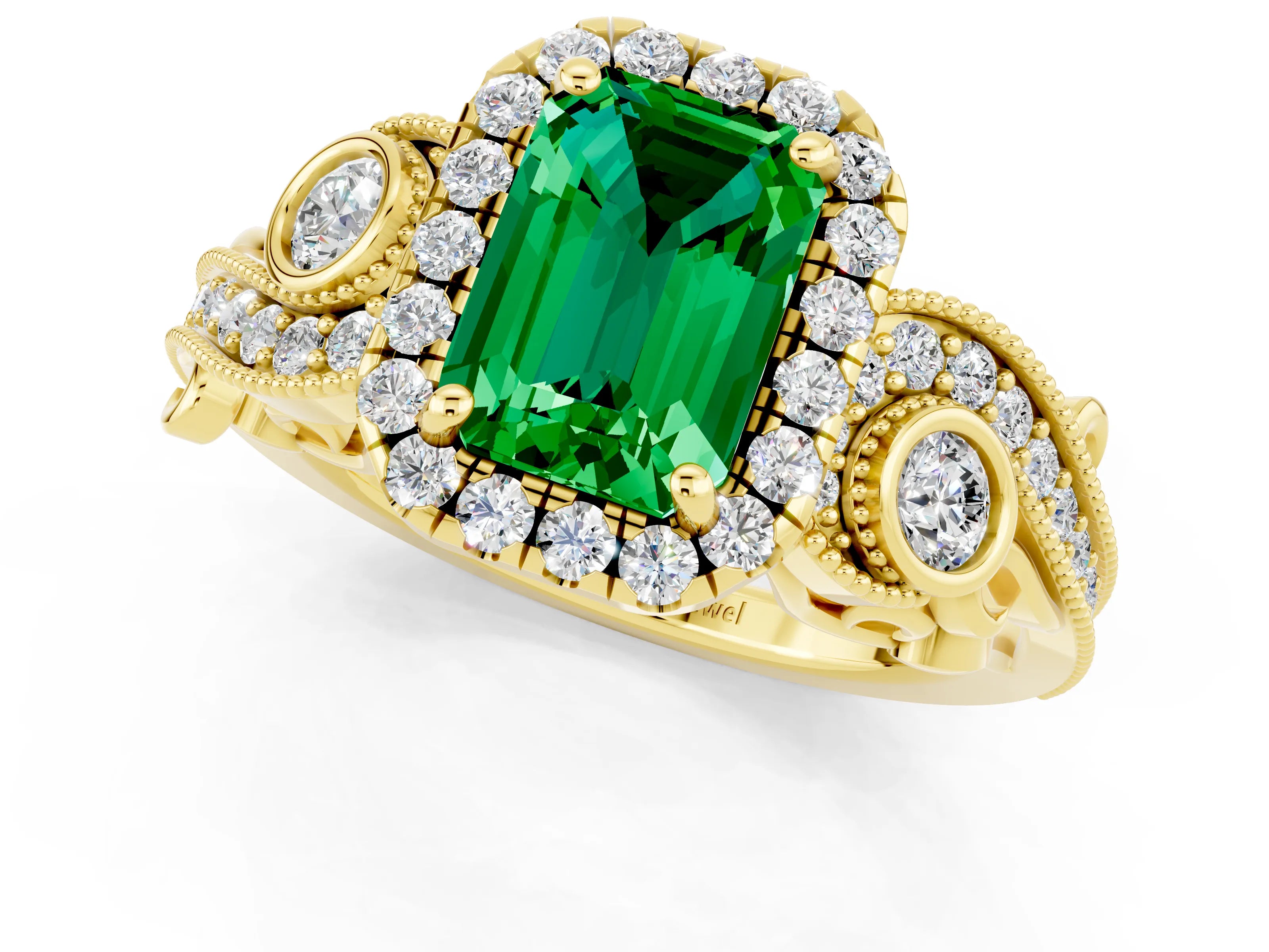 Yellow gold Emerald Cut Emerald Halo Ring with Milgrain Pavé Band and Four-Prong Setting_13