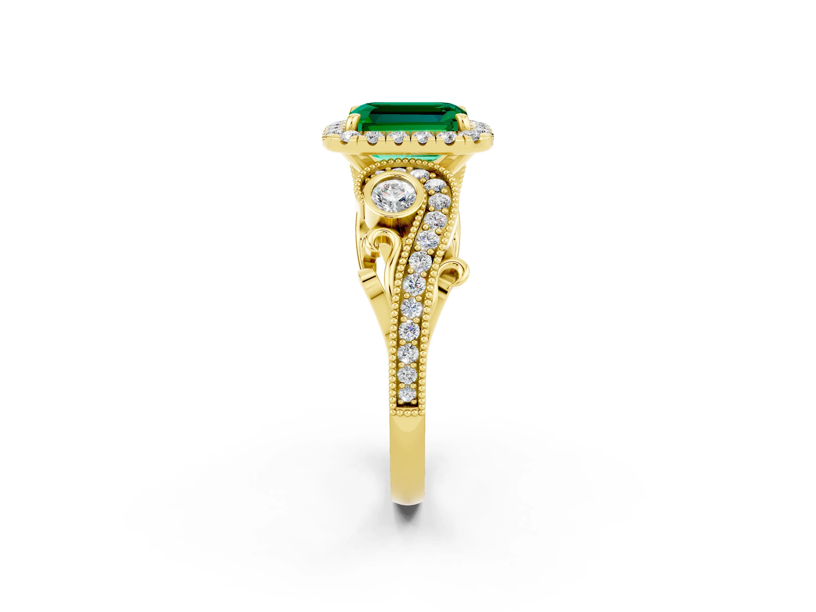 Yellow gold Emerald Cut Emerald Halo Ring with Milgrain Pavé Band and Four-Prong Setting_14