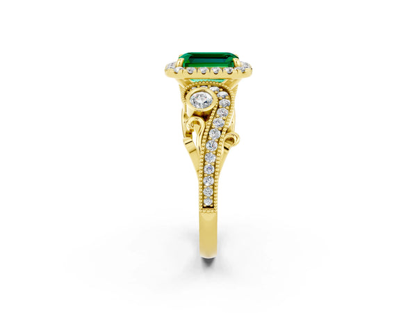 Yellow gold Emerald Cut Emerald Halo Ring with Milgrain Pavé Band and Four-Prong Setting