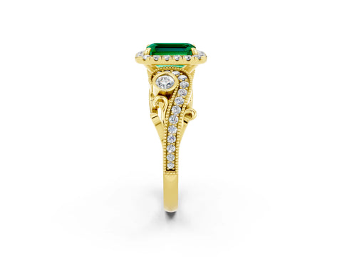 Yellow gold Emerald Cut Emerald Halo Ring with Milgrain Pavé Band and Four-Prong Setting_14