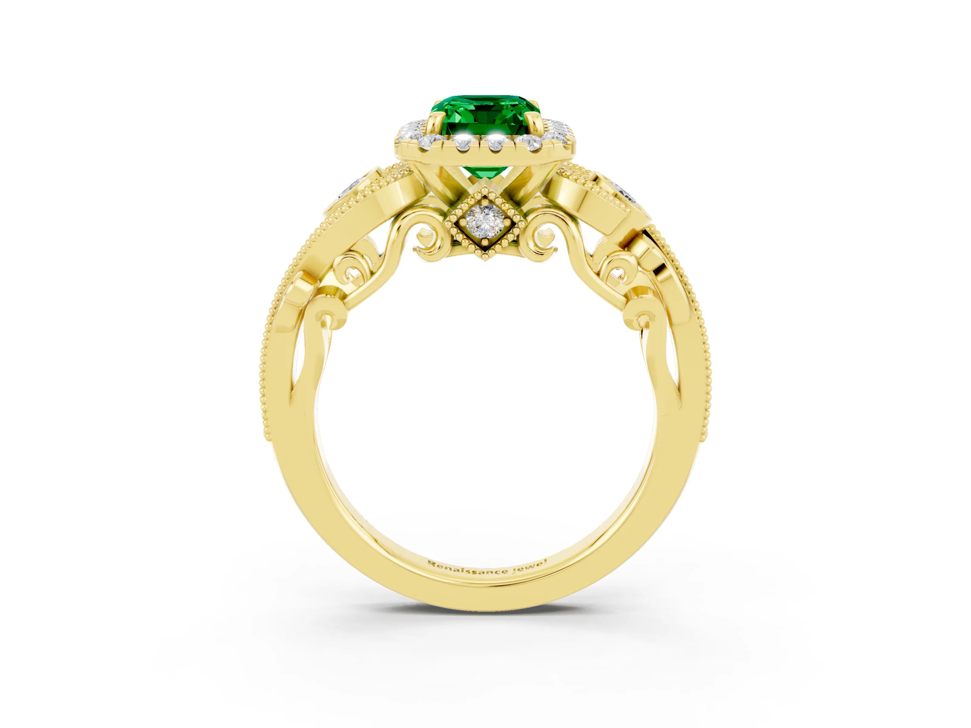 Yellow gold Emerald Cut Emerald Halo Ring with Milgrain Pavé Band and Four-Prong Setting_15