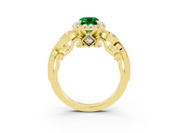 Yellow gold Emerald Cut Emerald Halo Ring with Milgrain Pavé Band and Four-Prong Setting
