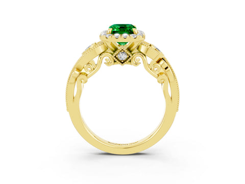 Yellow gold Emerald Cut Emerald Halo Ring with Milgrain Pavé Band and Four-Prong Setting_15