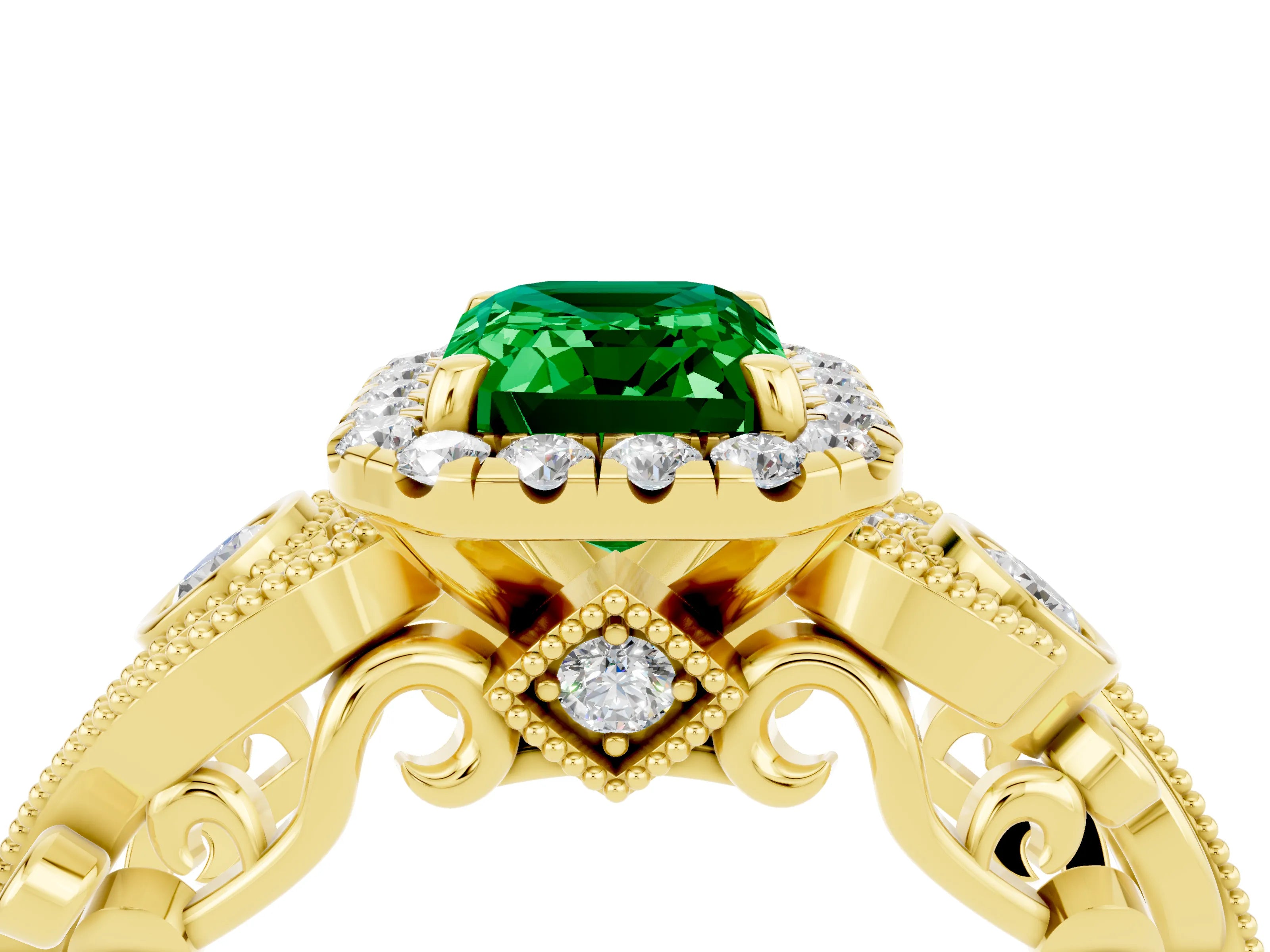 Yellow gold Emerald Cut Emerald Halo Ring with Milgrain Pavé Band and Four-Prong Setting_16