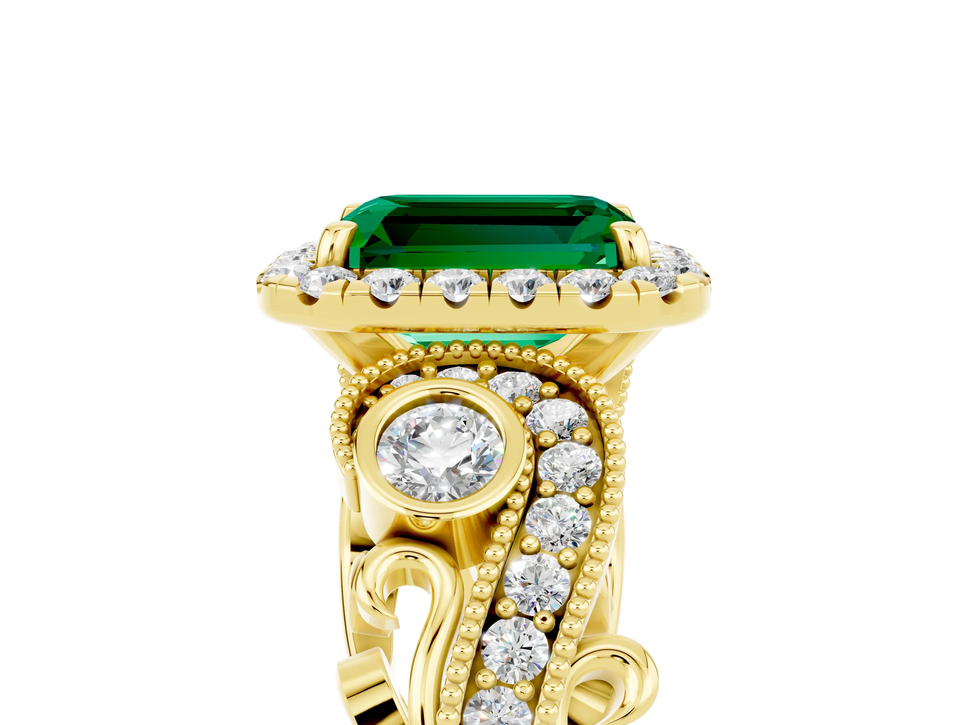 Yellow gold Emerald Cut Emerald Halo Ring with Milgrain Pavé Band and Four-Prong Setting_17